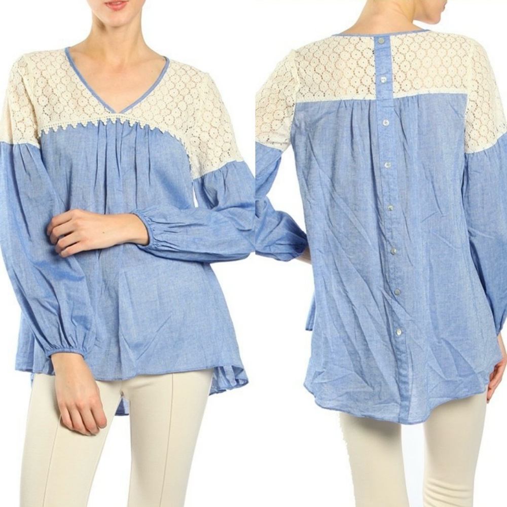 🌸NWT Women’s Handmade Chambray Lace Long Sleeve Top. Size: Large - Picture 3 of 11